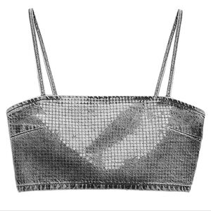 Zara Sequin Foil Denim Crop Top In Light Gray Size L